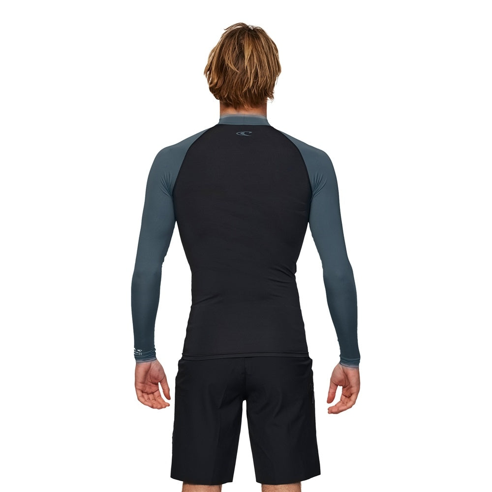 O'Neill Reactor Block UV Long Sleeve Rash Top in black with orion blue arms and collar from rear