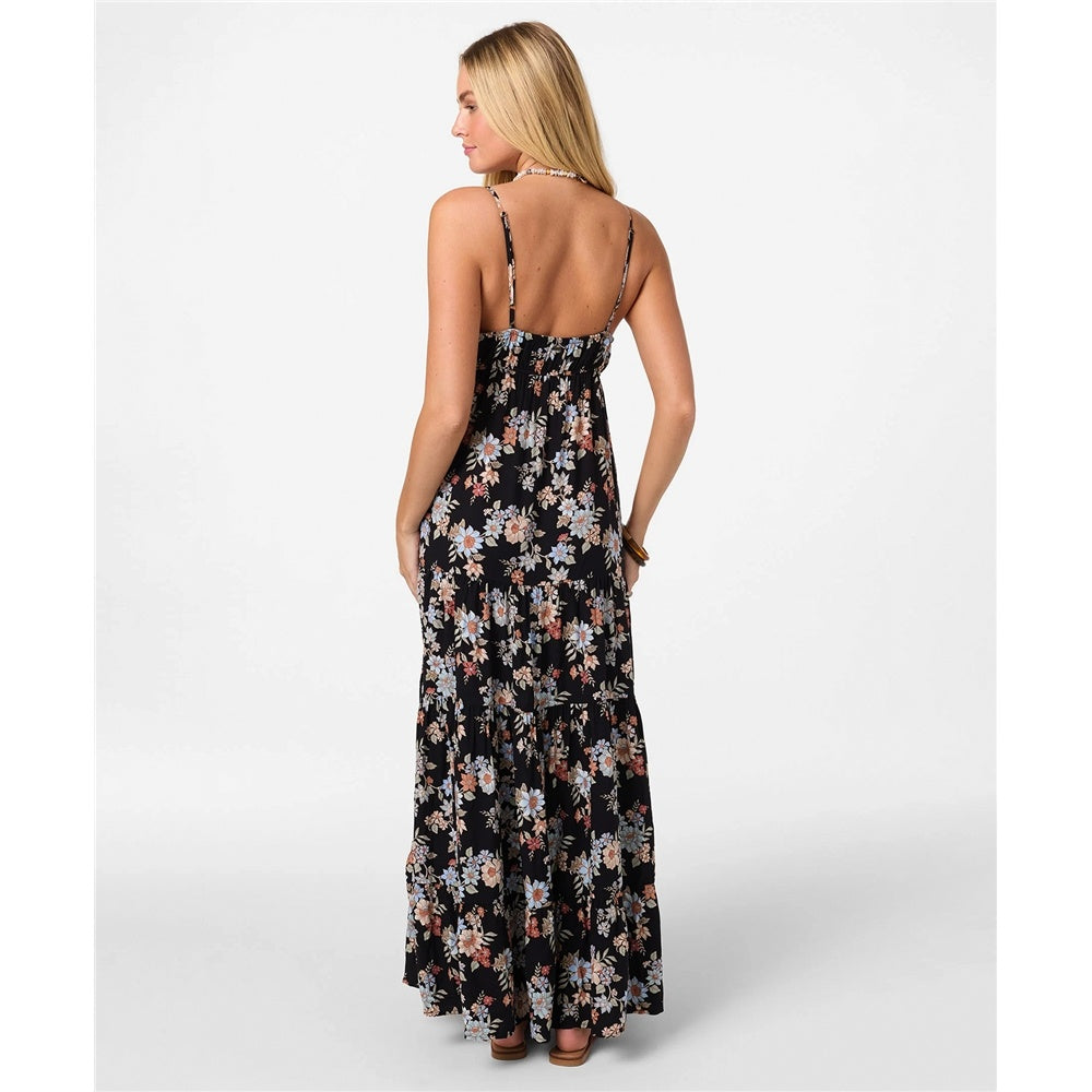 O'Neill Lillie Bali Floral Maxi Dress in black floral print on blonde model from rear