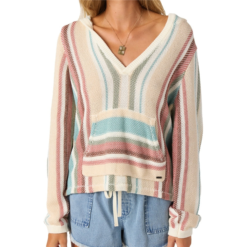 O'Neill Catamaran Women's Knit Hoodie in desert sand multi colourway on blonde model from front close up