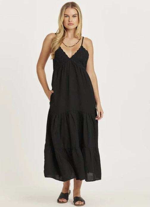 Amuse Society Check Me Out Woven Midi Dress in black on blonde model from front