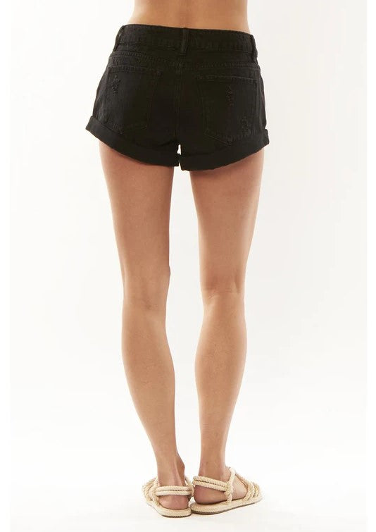 Amuse Society Crossroads Denim Shorts in off black from rear