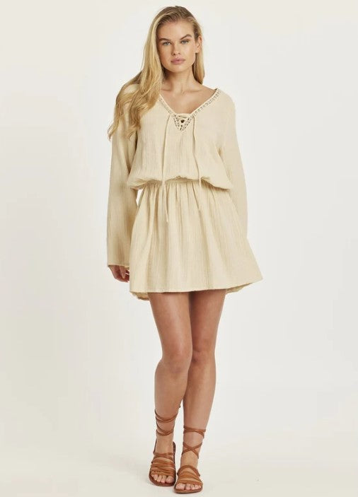 Amuse Society Ring My Bell Woven Mini Dress in sandy colourway on blonde model from front