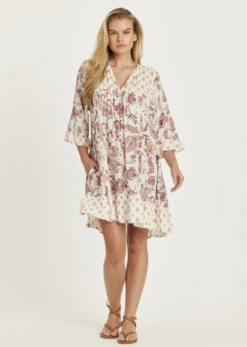 Amuse Society Spring Fling Woven Mini Dress in sandy white floral from front on model