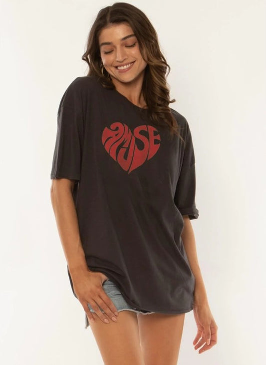 Amuse Society Heart Knit Boyfriend T-Shirt in charcoal on model from front