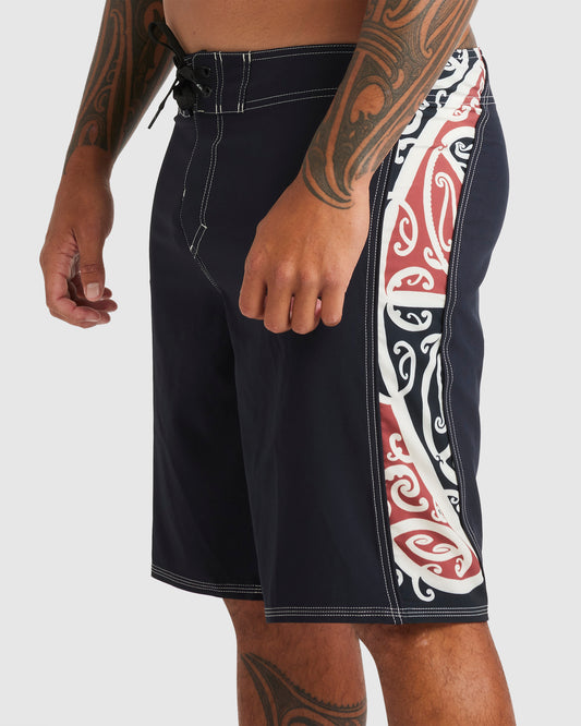 Quiksilver Kowhaiwhai Mangopare Boardshorts in black showing maori deisgn on side panel