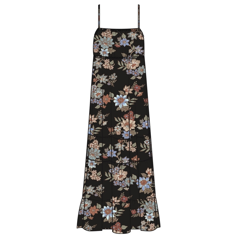 O'Neill Lillie Bali Floral Maxi Dress in black floral print line drawing