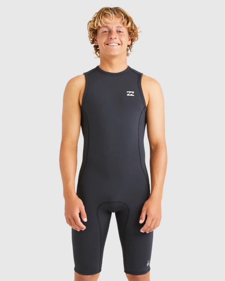 Billabong 202 Absolute 2mm Back Zip Flatlocked Short John Wetsuit in black on model from front