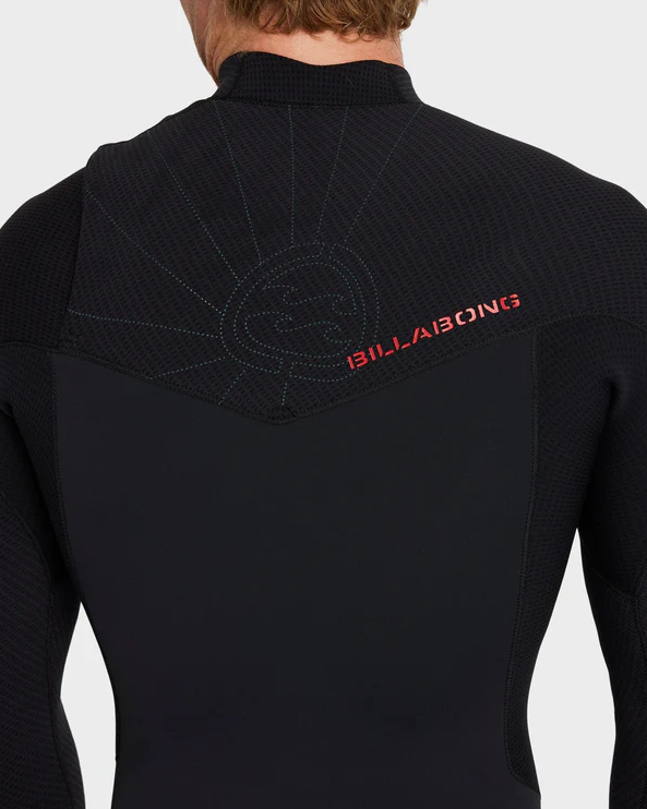 Billabong Revolution Natural 3/2mm Chest Zip Wetsuit in black on model from rear showing A.I Rising sun print
