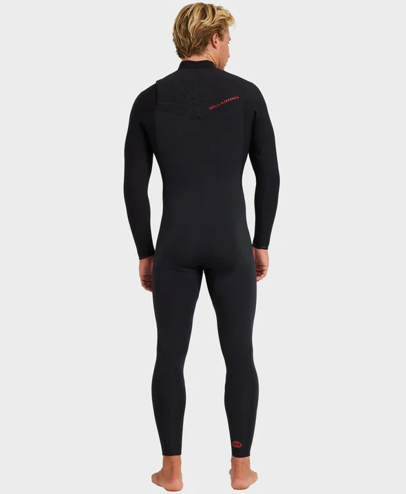 Billabong Revolution Natural 3/2mm Chest Zip Wetsuit in black on model from rear