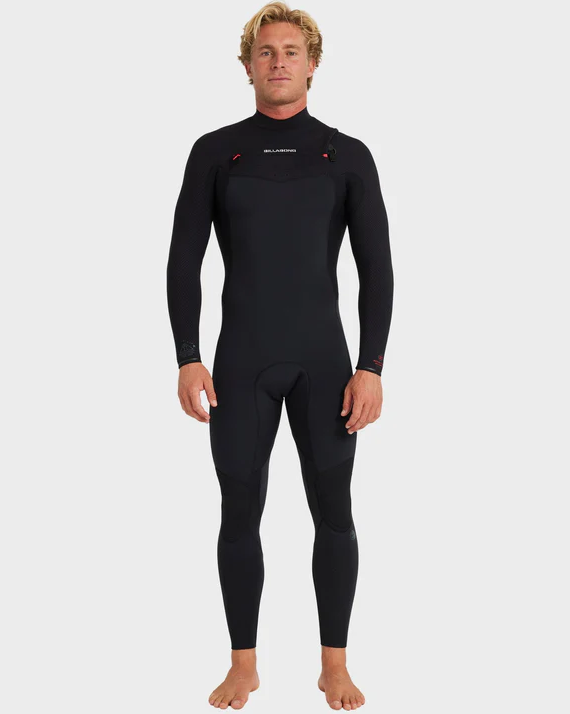 Billabong Revolution Natural 3/2mm Chest Zip Wetsuit in black on model from front
