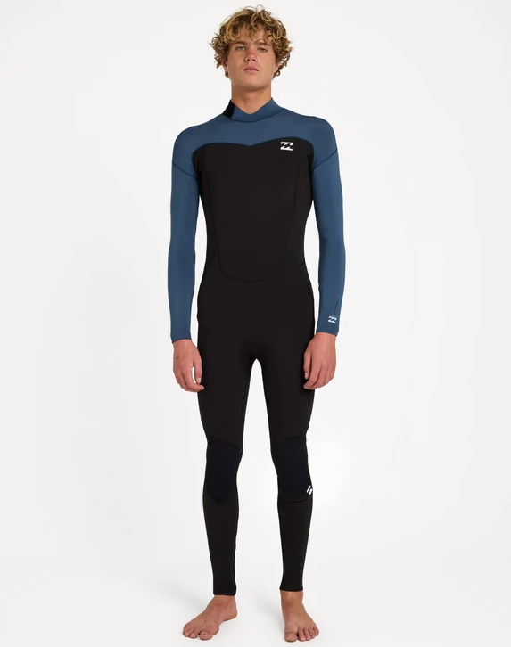 Billabong Absolute Core 3/2mm Back Zip Men's Wetsuit in black with dark denim arms from front
