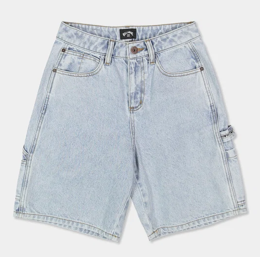 Billabong Bad Dog 19" Boys Denim Shorts in washed indigo flatlay from the front