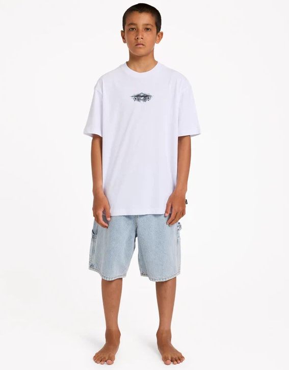 Billabong Bad Dog 19" Boys Denim Shorts in washed indigo on model from the front