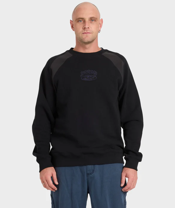 Billabong Bad Dog Men's Crew in black on model in blue pants from front close up