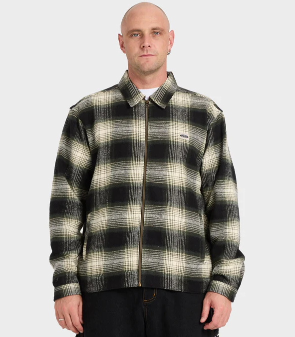 Billabong Bad Dog Jacket in black on model in black jeans from front close up