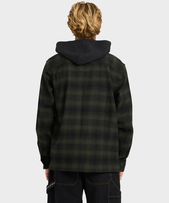Billabong Baja Surf Flannel Shirt in black and olive check on model from rear