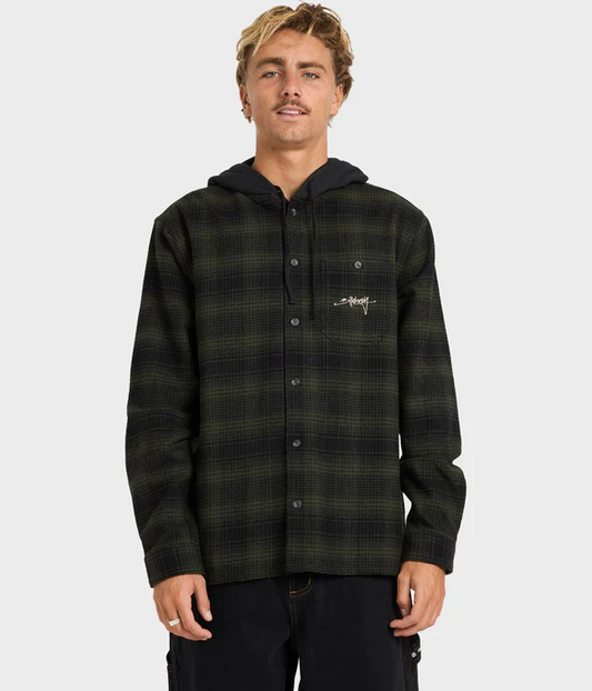 Billabong Baja Surf Flannel Shirt in black and olive check on model from front close up