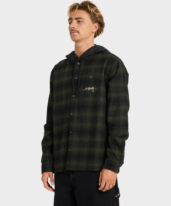 Billabong Baja Surf Flannel Shirt in black and olive check on model from side