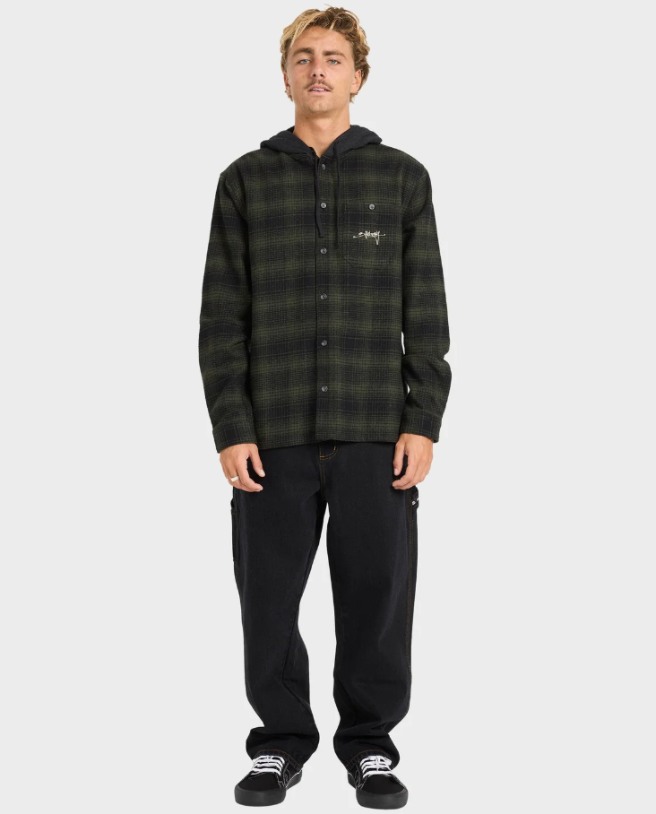 Billabong Baja Surf Flannel Shirt in black and olive check on model from front