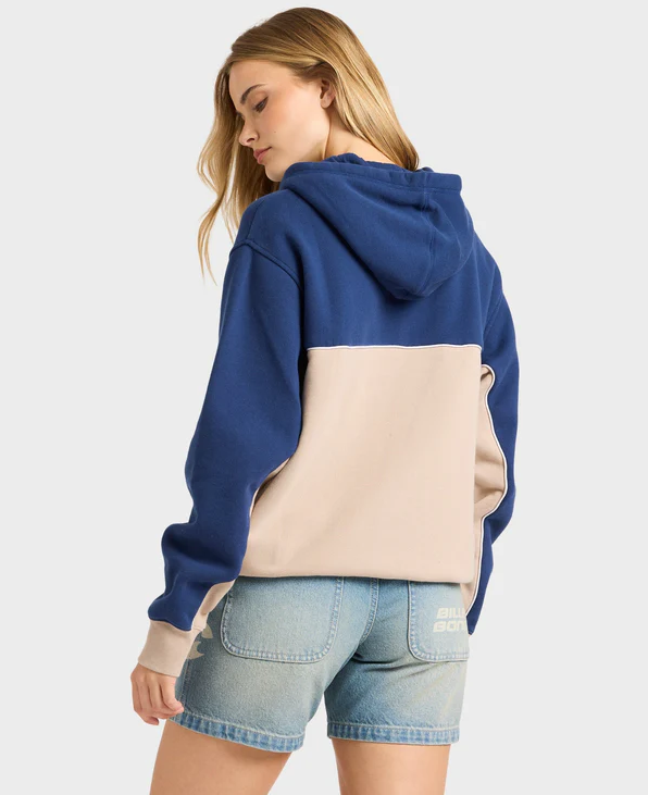 Billabong Billa Tripper Women's Hoodie in cobblestone with blue upper body on model from rear