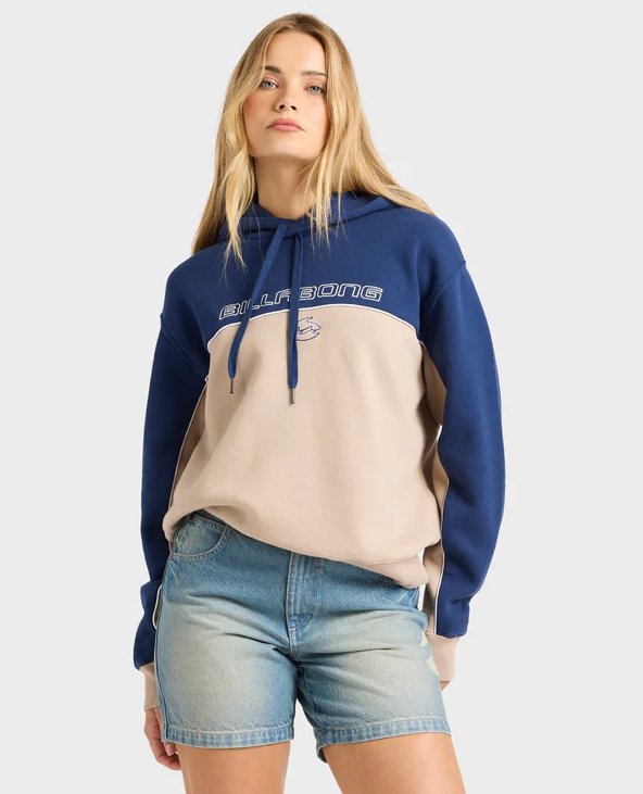 Billabong Billa Tripper Women's Hoodie in cobblestone with blue upper body on model from front