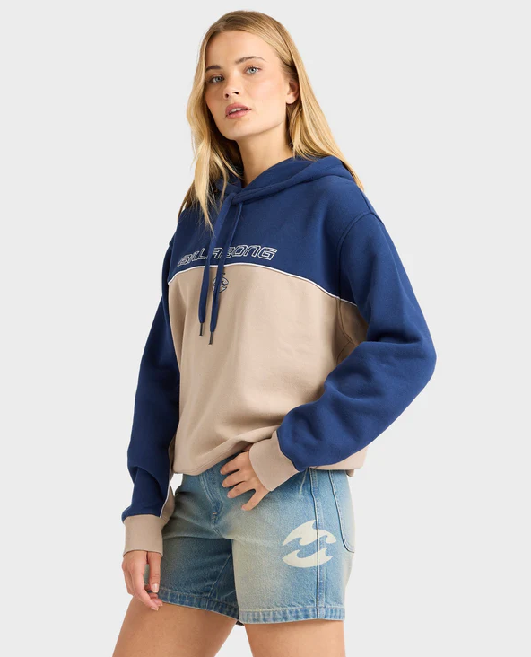 Billabong Billa Tripper Women's Hoodie in cobblestone with blue upper body on model from front side view