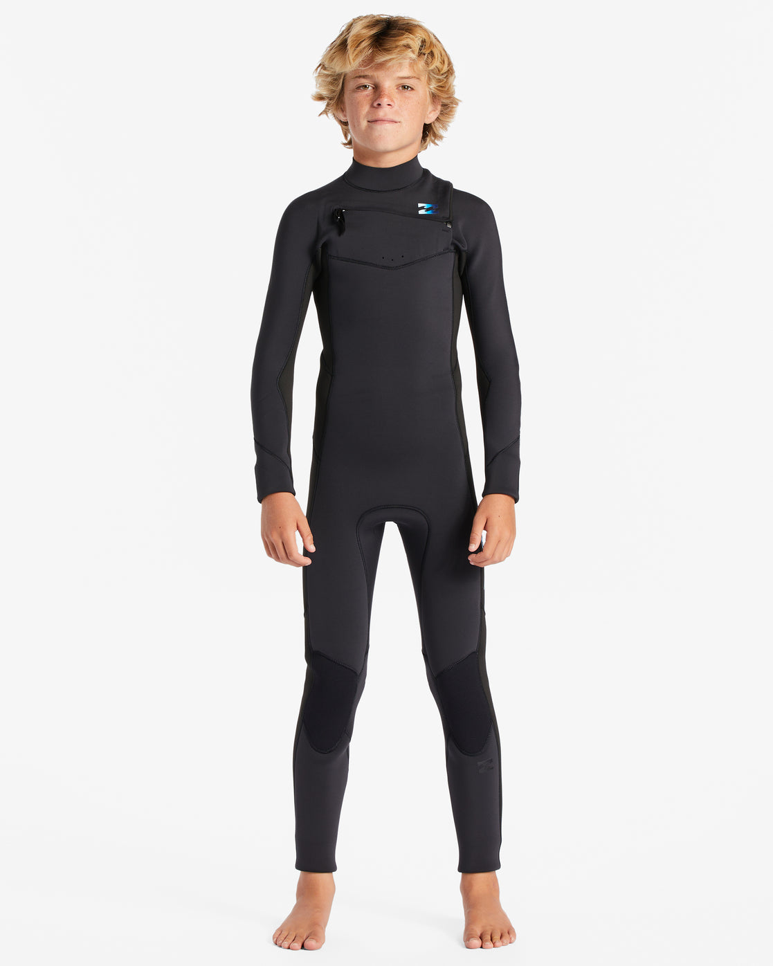 Billabong Youth Absolute 4/3mm Chest Zip Wetsuit in black with blue fade colourway on model