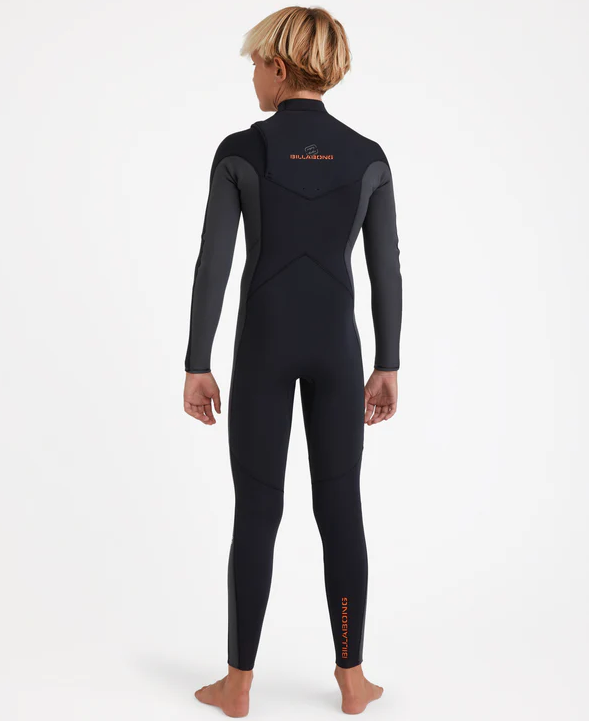Billabong Boys 4/3 Absolute Natural GBS Chest Zip Wetsuit in graphite on model from rear