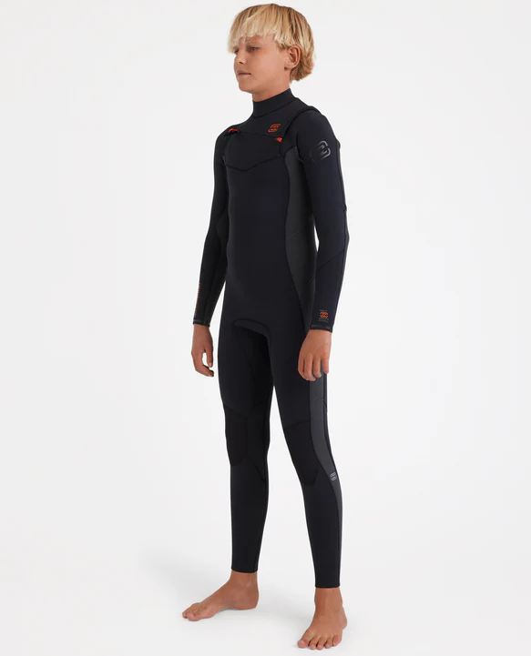Billabong Boys 4/3 Absolute Natural GBS Chest Zip Wetsuit in graphite on model from side