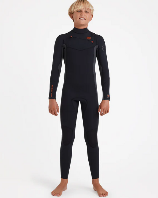 Billabong Boys 4/3 Absolute Natural GBS Chest Zip Wetsuit in graphite on model from front