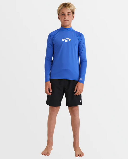 Billabong Boys All Day Arch Long Sleeve Rash Top in blue on boy front
