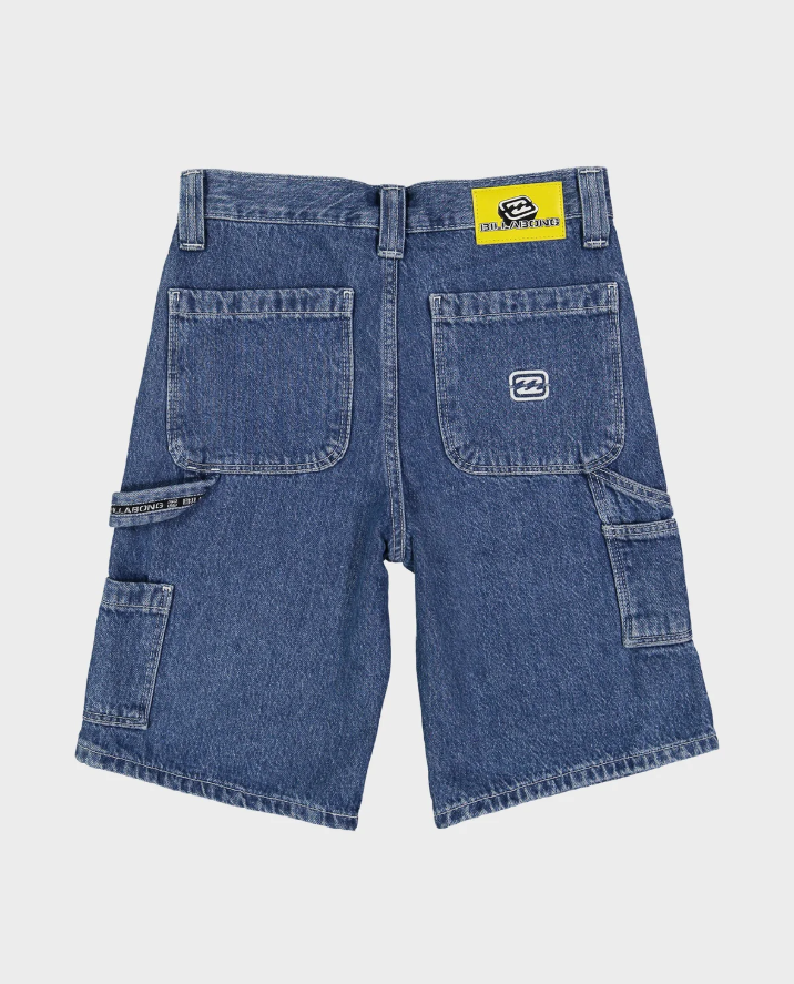 Blue denim shorts with brand labels on a light gray background