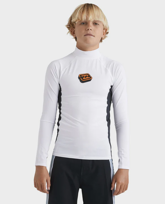 Billabong Boys Spec 73 Long Sleeve Rash Top in white on boy front