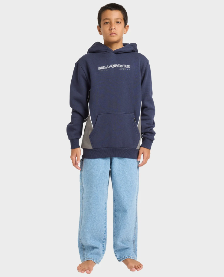 Billabong Boys Spec 73 Pop Hoodie in vintage indigo on model from front