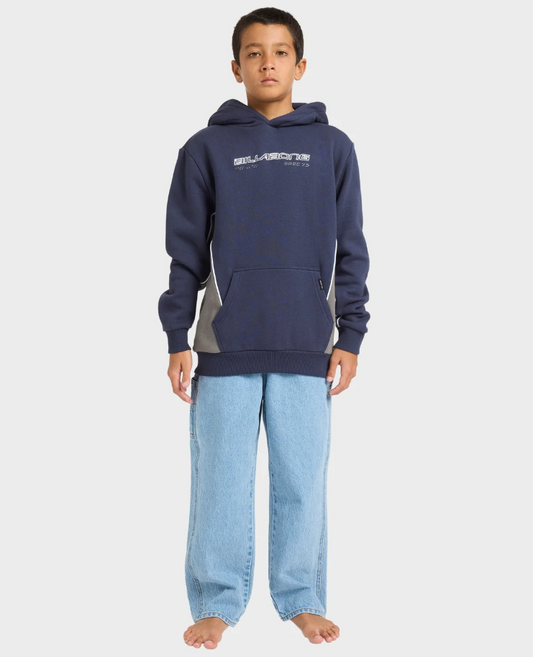 Billabong Boys Spec 73 Pop Hoodie in vintage indigo on model from front