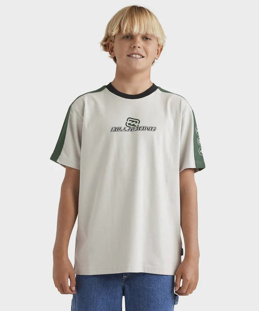 Billabong Boys Spec 73 T-Shirt  in silver with green stripe on arms from front