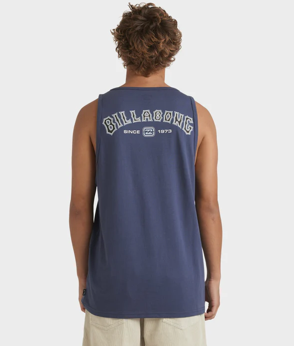 Billabong Bracket Arch Men's Tank in dark navy on model from rear