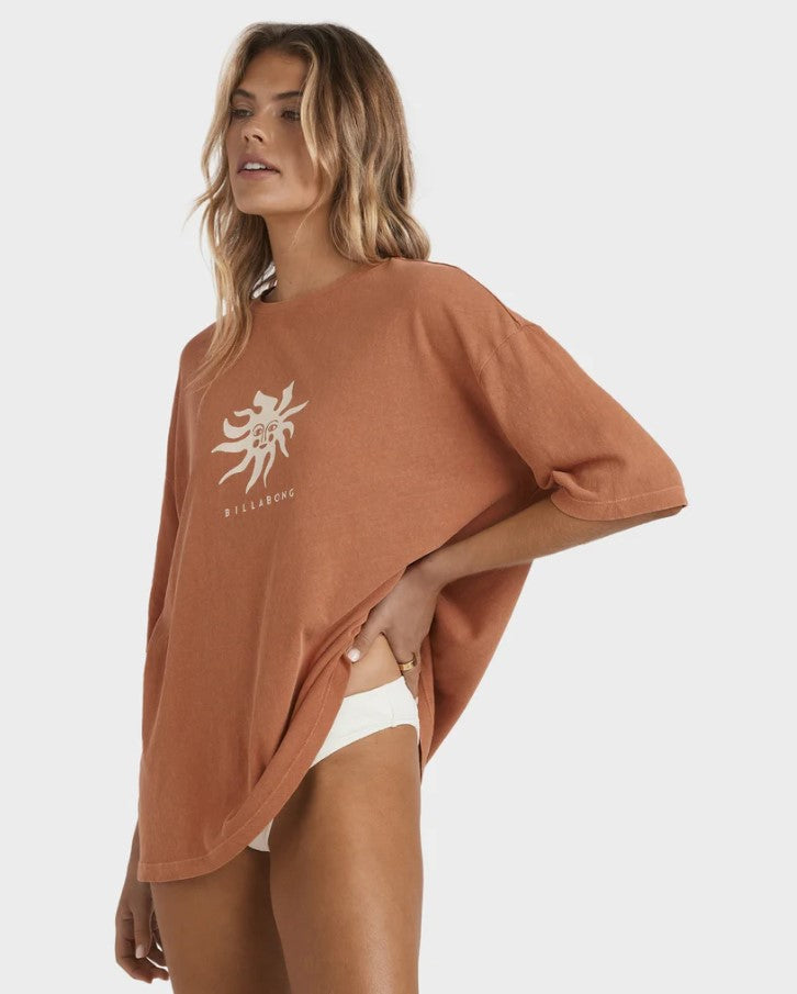 Billabong Bright Sun Womens T-Shirt in kiss the earth burnt red colourway from side