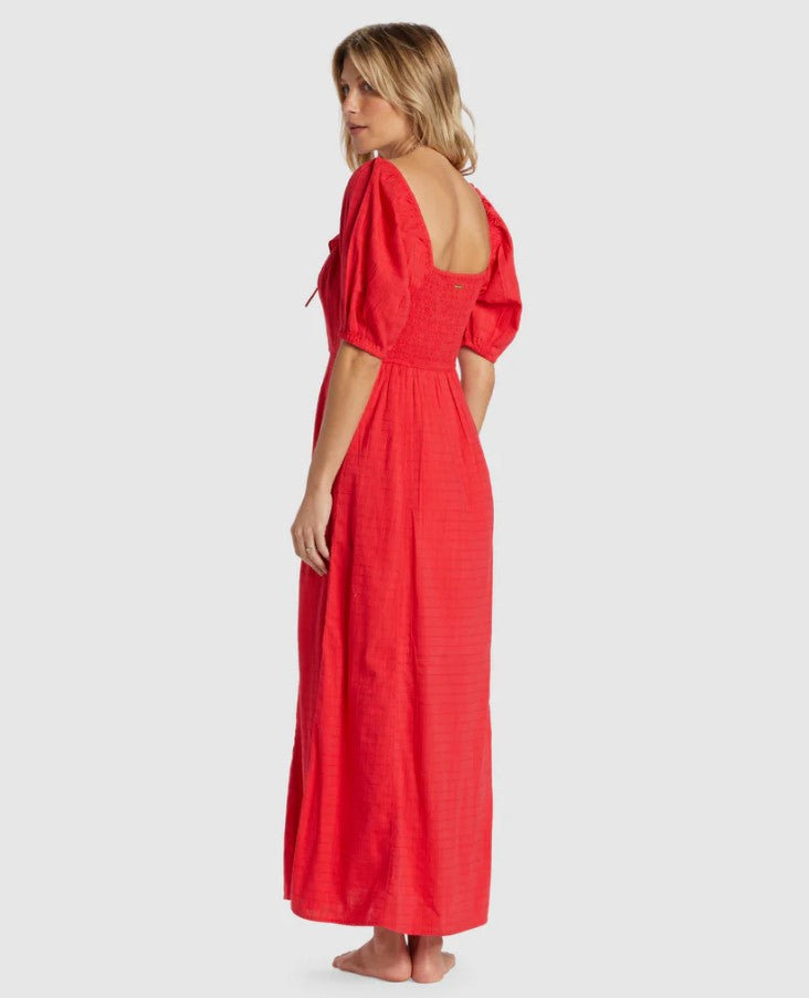 Billabong Burning Love Maxi Dress in colour fiesta red on model back veiw