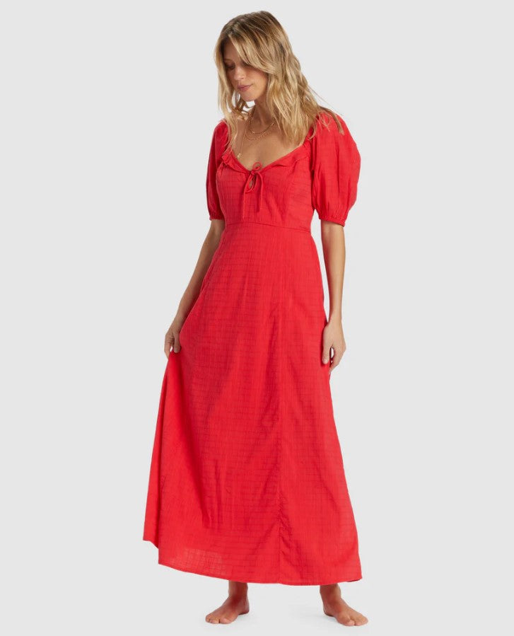 Billabong Burning Love Maxi Dress in colour fiesta red on model front veiw