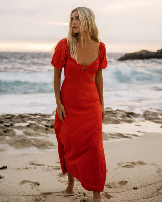 Billabong Burning Love Maxi Dress in colour fiesta red on model at beach