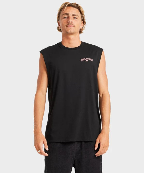 Billabong Chrome Arch Mens Muscle Top in black on man wearing black walkshorts from front