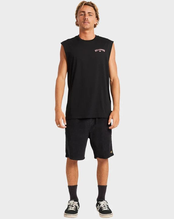 Billabong Chrome Arch Mens Muscle Top in black on man wearing black walkshorts from front