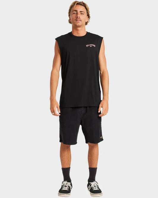 Billabong Chrome Arch Mens Muscle Top in black on man wearing black walkshorts from front