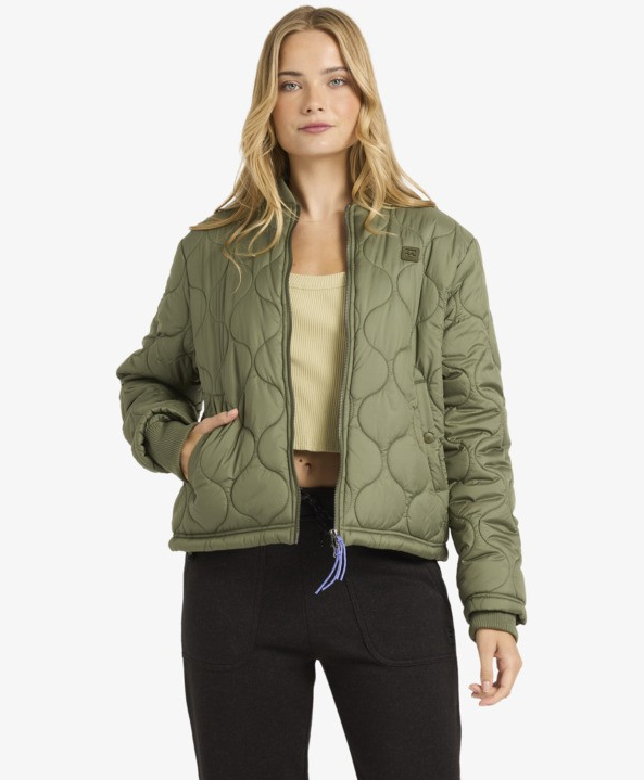 Billabong Cuesta Women's Bomber Jacket in treehugger on model from front