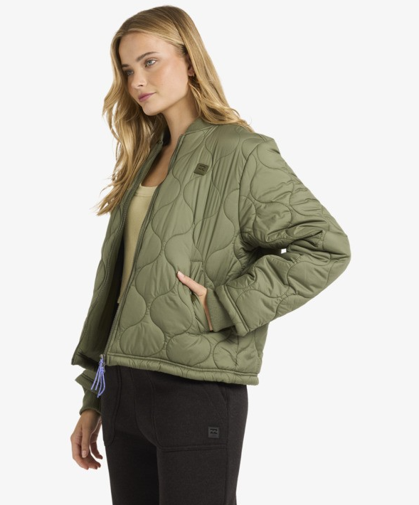 Billabong Cuesta Women's Bomber Jacket in treehugger on model from side