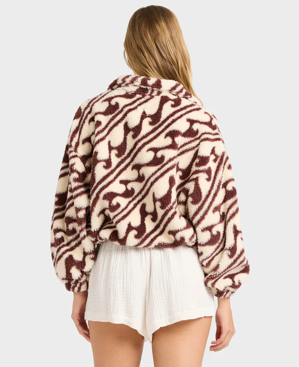 Billabong Dark Wave Half Zip Crew Fleece in teak colourway on model from rear