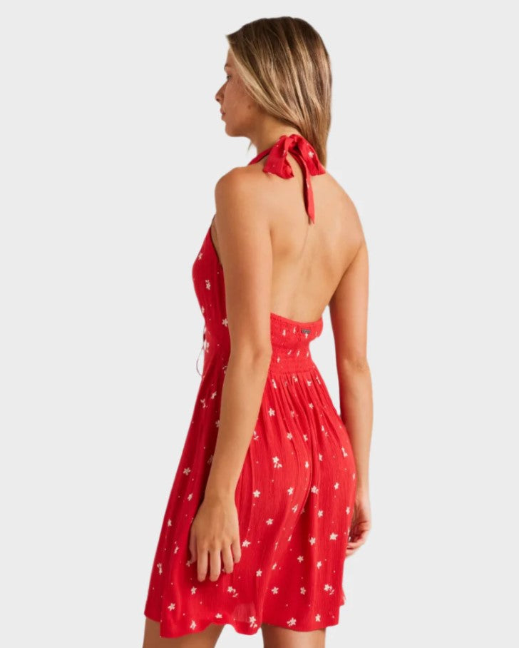 billabong darlin halter dress in colour feista red back veiw on model