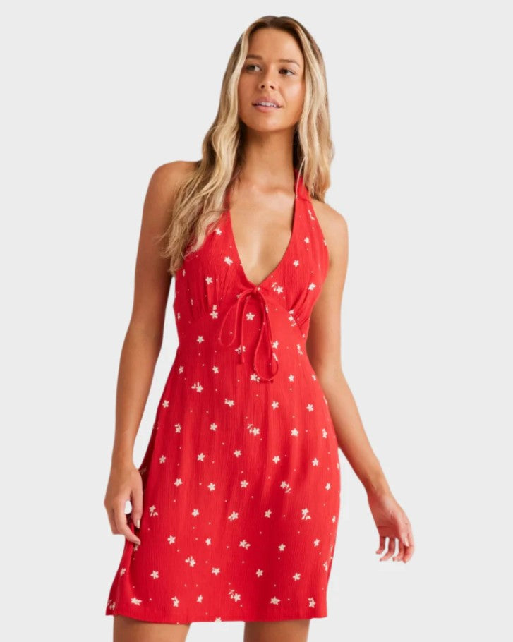 billabong darlin halter dress in colour feista red front veiw on model