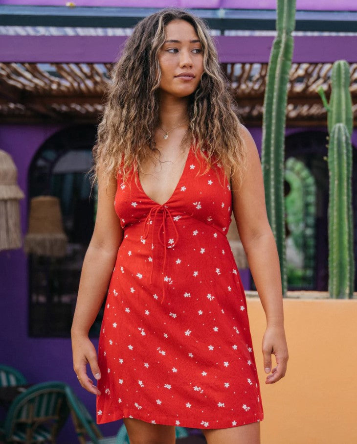 billabong darlin halter dress in colour feista red front veiw on model